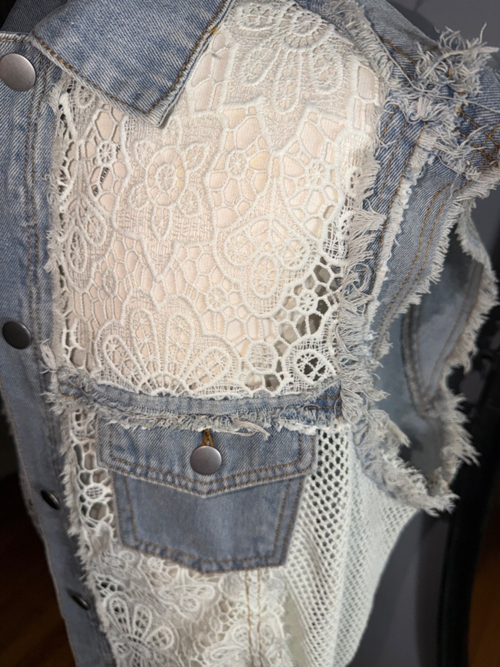 POL Light Blue Denim Vest with White Lace Inset - Picture 11 of 11